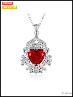 Ruby Crystal Heart Pendant Necklace, 18k White Gold Plated, Adjustable Chain